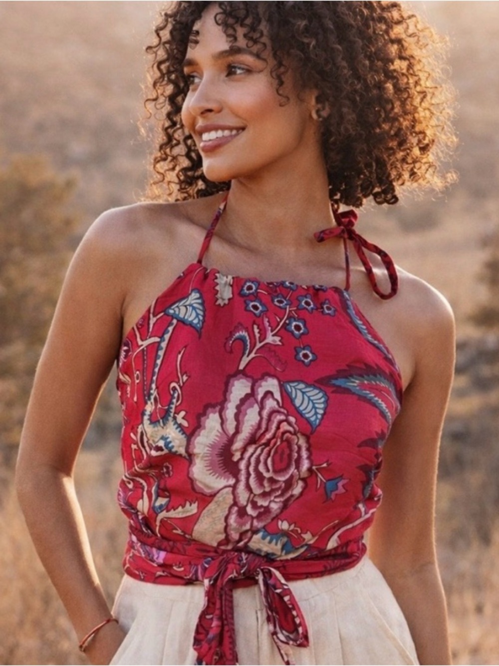 Alix of Bohemia Reversible Halter Top XL NWT Red Floral Batik Block Print Luxury